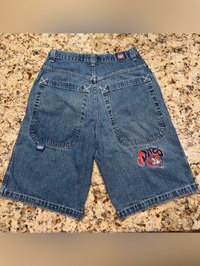 Rare Vintage 90s JNCO Gas Mask Embroidered Baggy Denim Shorts Y2K - Size 33